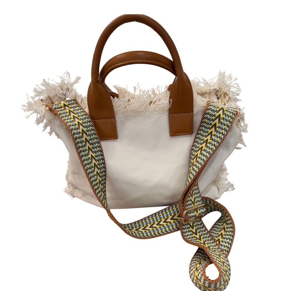 Ah-Dorned Canvas Fringe Tote Bag‎ with Geometric Guitar Shoulder Strap Cream Tan
